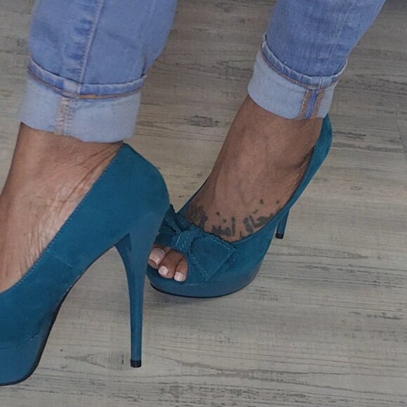Dark Teal Blue Open Toe Platform Bow Heels Size 7.5 - Picture 2 of 7